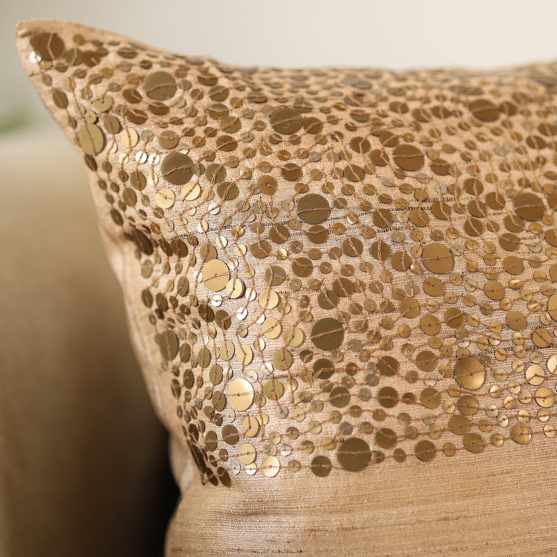 Brown - Aari Embroidery Sequin Work Mercerised Ghicha Silk Cushion Cover (16 x 16 in)