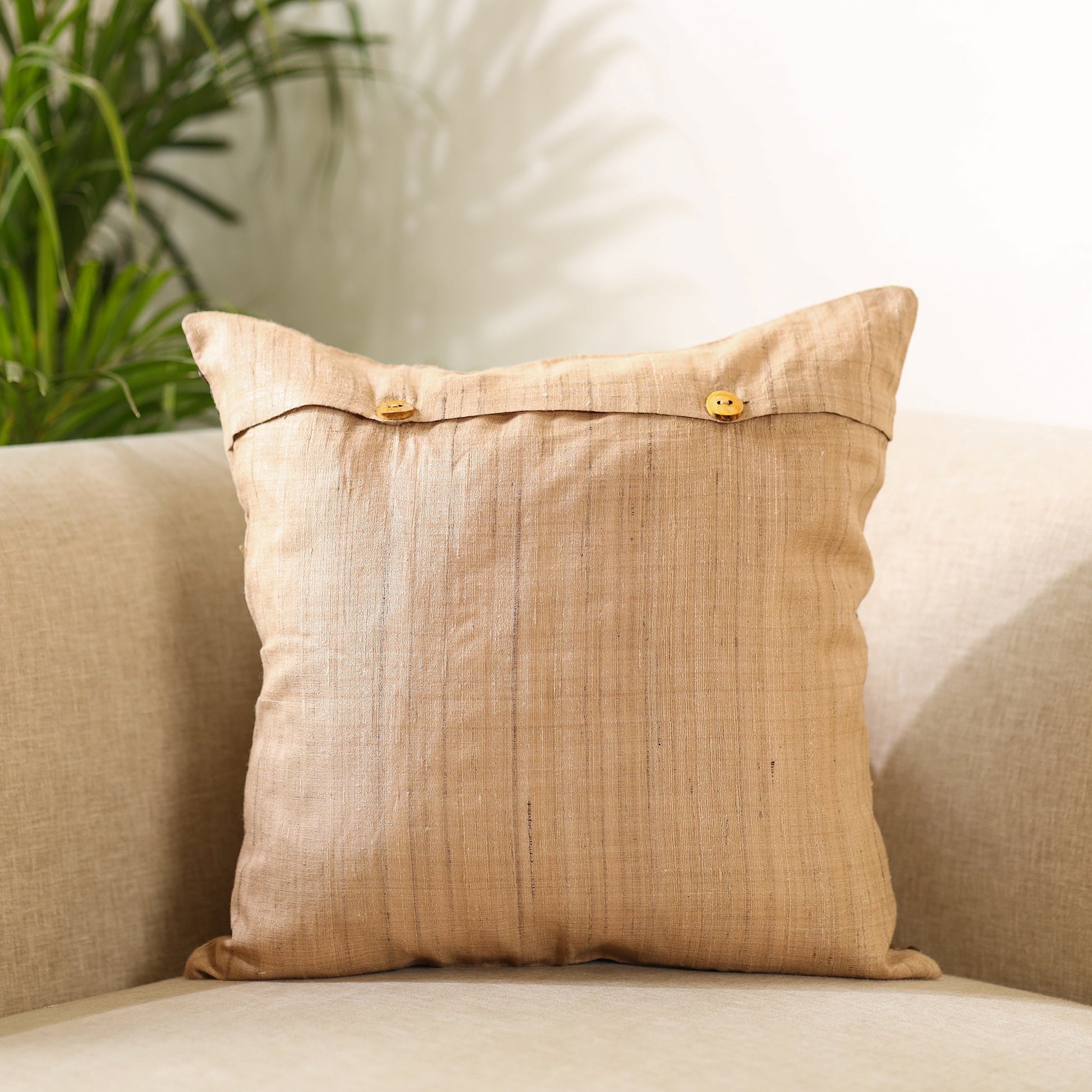 Beige - Aari Embroidery Sequin Work Mercerised Ghicha Silk Cushion Cover (16 x 16 in)