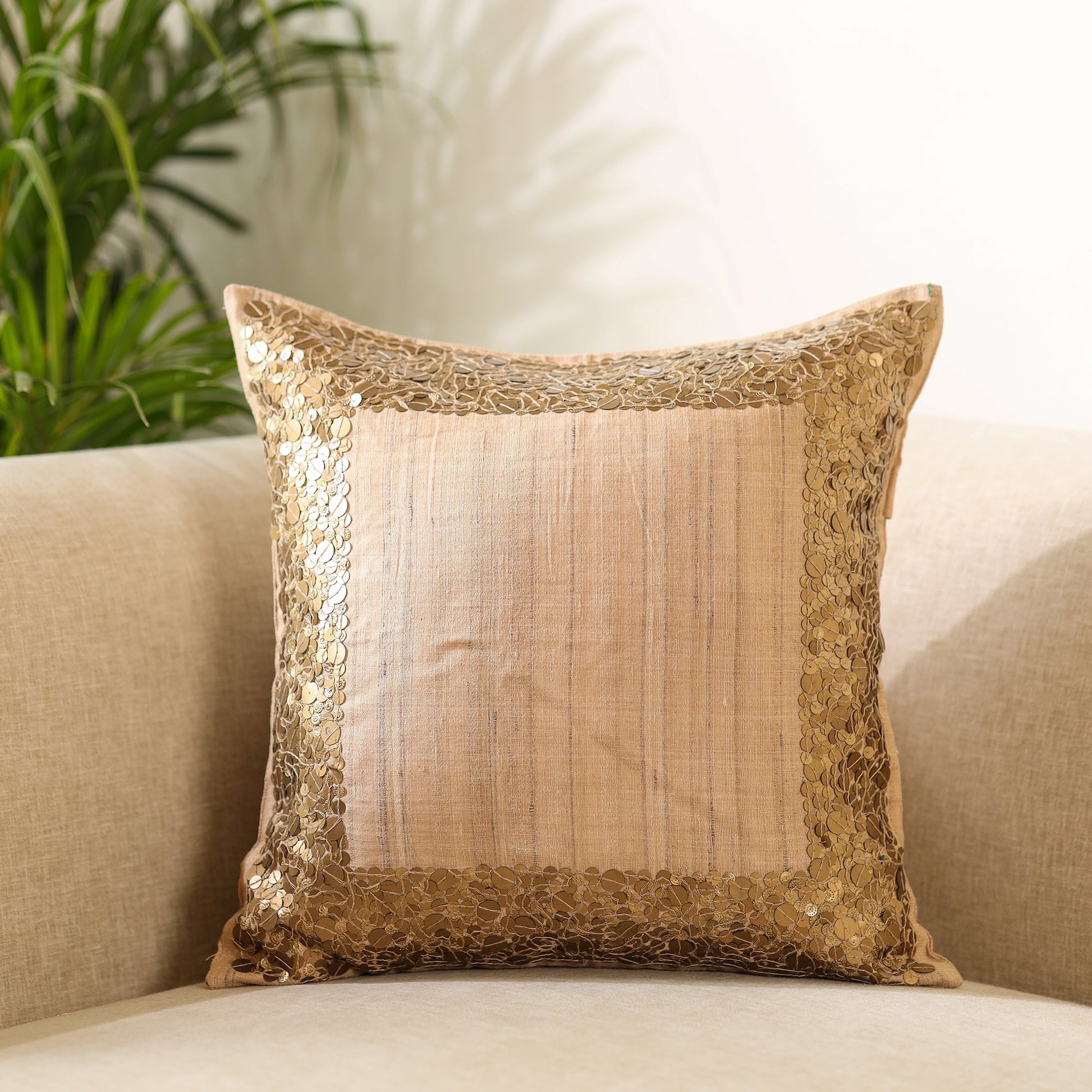 Brown - Aari Embroidery Sequin Work Mercerised Ghicha Silk Cushion Cover (16 x 16 in)