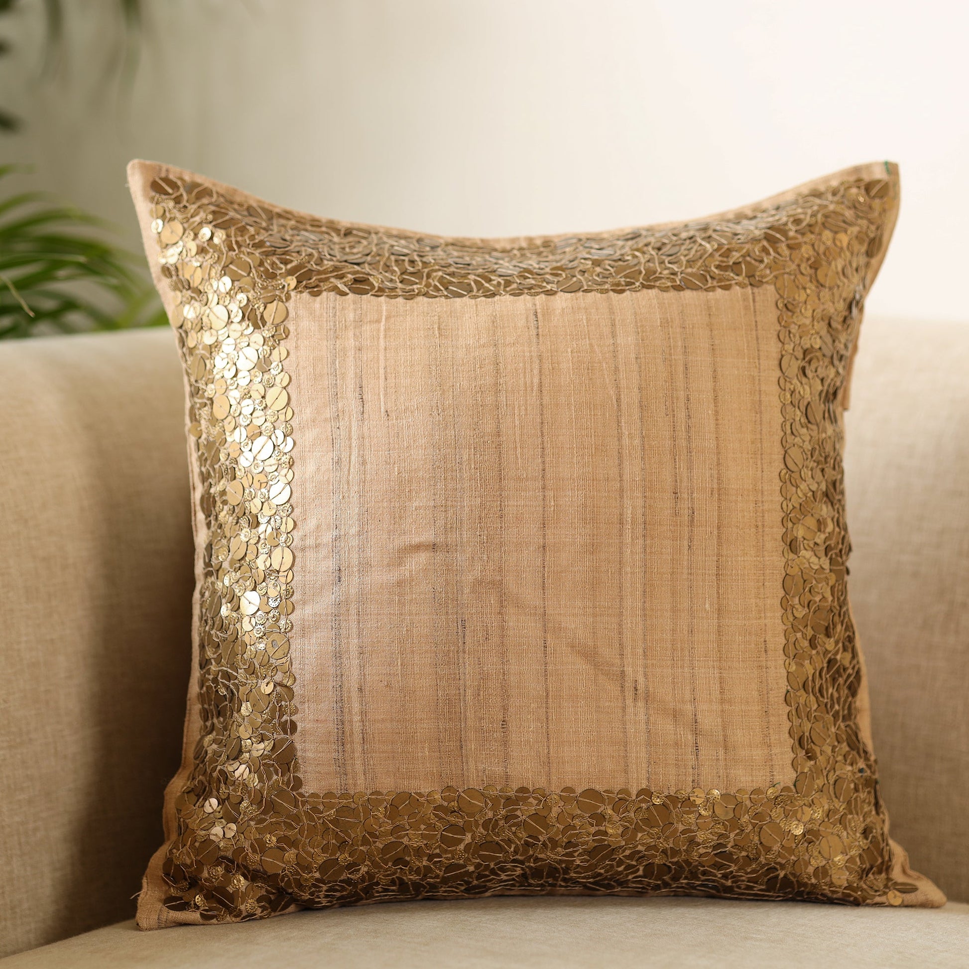 Brown - Aari Embroidery Sequin Work Mercerised Ghicha Silk Cushion Cover (16 x 16 in)