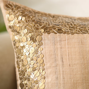 Brown - Aari Embroidery Sequin Work Mercerised Ghicha Silk Cushion Cover (16 x 16 in)