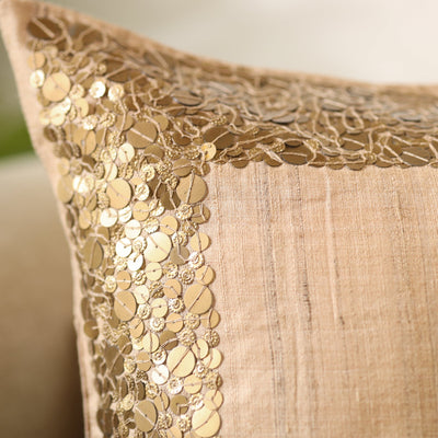 Brown - Aari Embroidery Sequin Work Mercerised Ghicha Silk Cushion Cover (16 x 16 in)