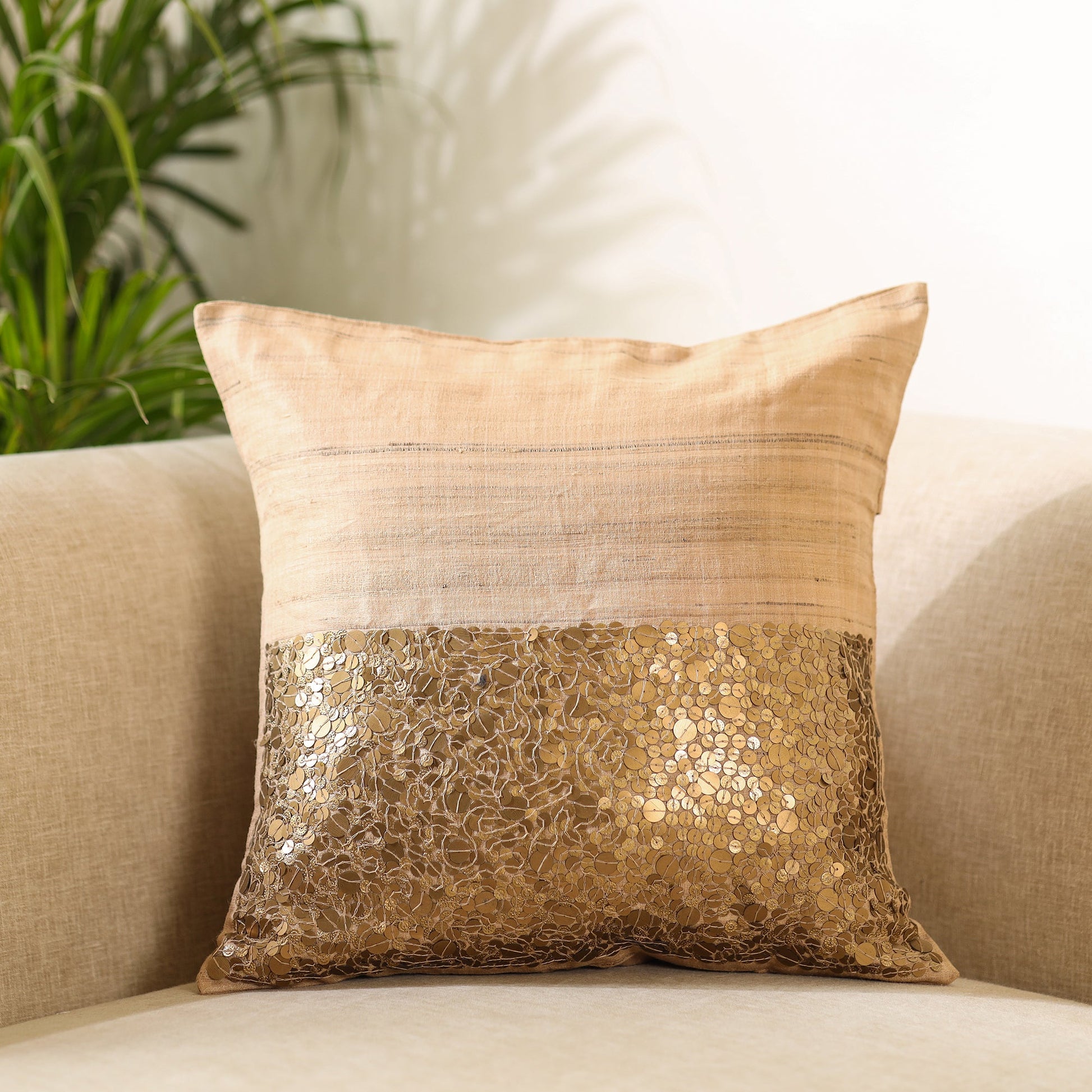 Brown - Aari Embroidery Sequin Work Mercerised Ghicha Silk Cushion Cover (16 x 16 in)