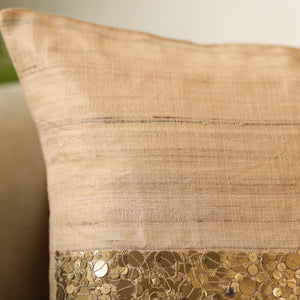 Brown - Aari Embroidery Sequin Work Mercerised Ghicha Silk Cushion Cover (16 x 16 in)