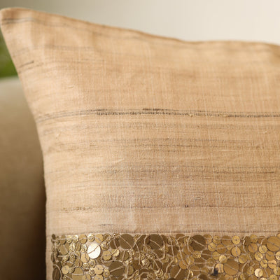 Brown - Aari Embroidery Sequin Work Mercerised Ghicha Silk Cushion Cover (16 x 16 in)