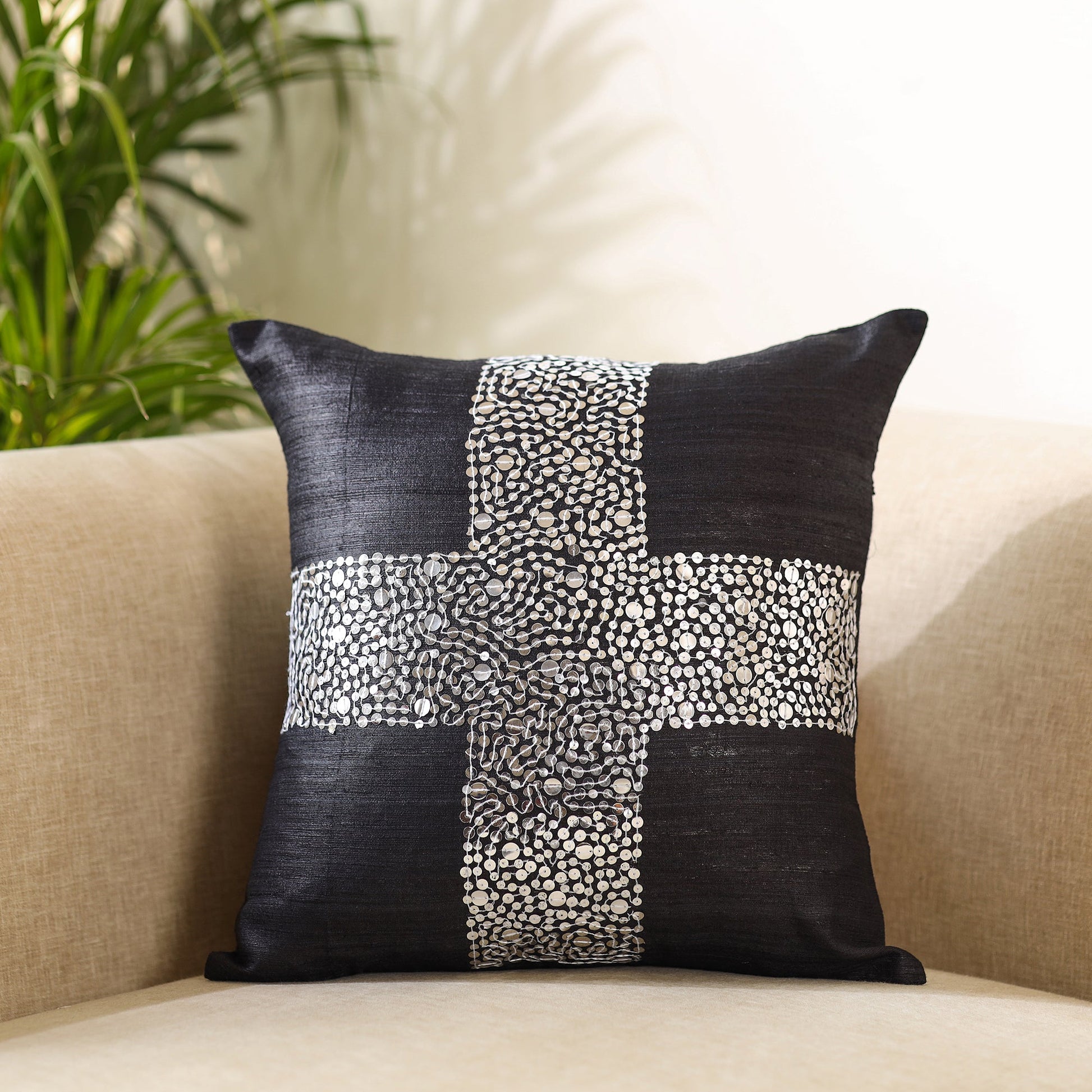 Black - Aari Embroidery Sequin Work Ghicha Silk Cushion Cover (16 x 16 in)