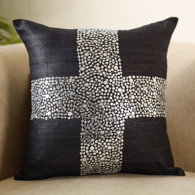 Black - Aari Embroidery Sequin Work Ghicha Silk Cushion Cover (16 x 16 in)