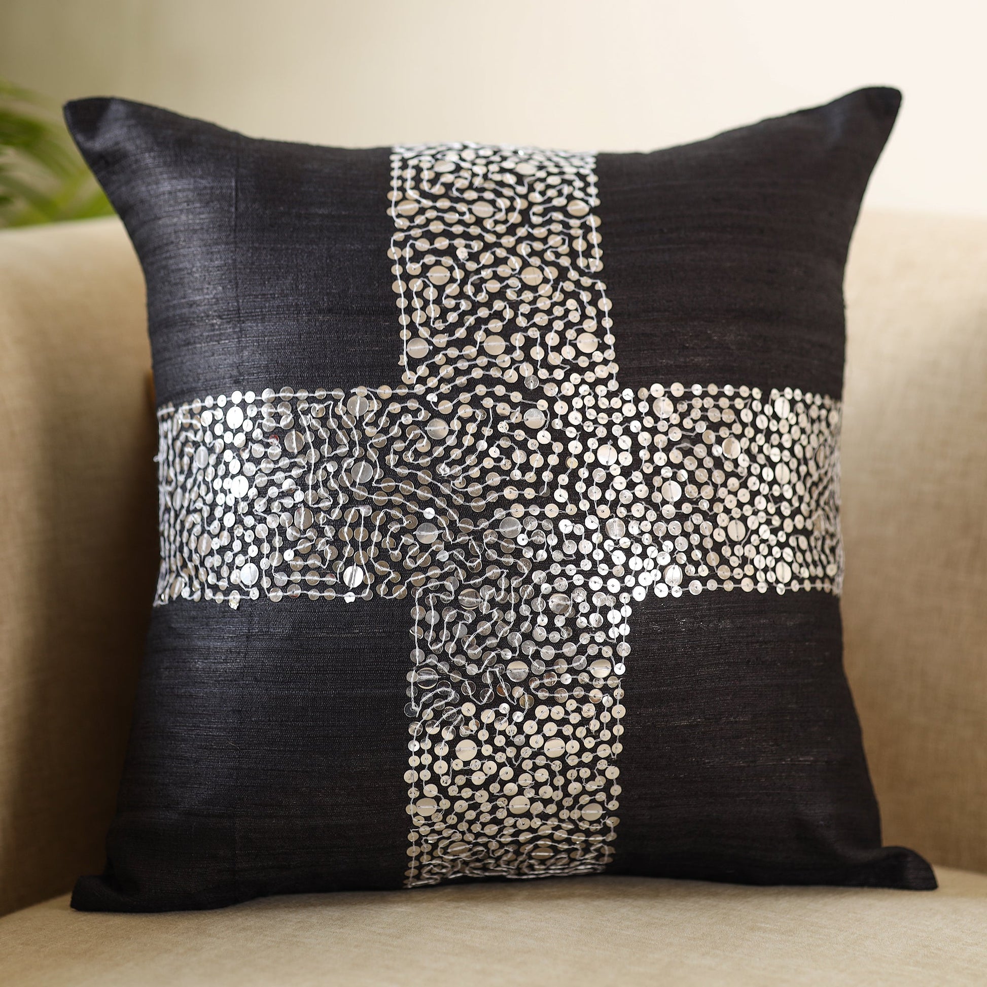 Black - Aari Embroidery Sequin Work Ghicha Silk Cushion Cover (16 x 16 in)