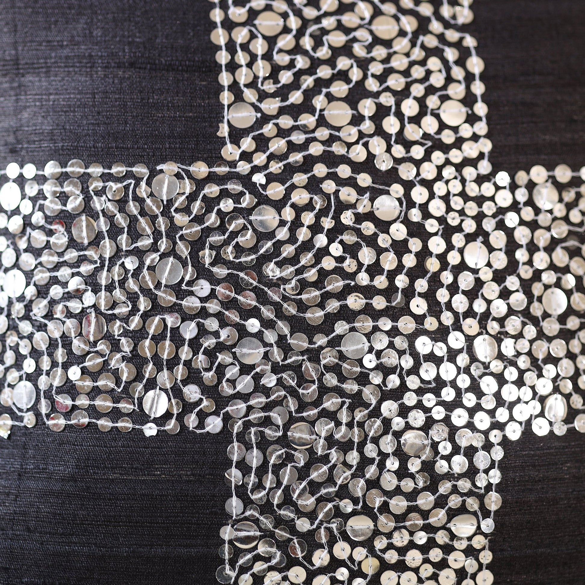 Black - Aari Embroidery Sequin Work Ghicha Silk Cushion Cover (16 x 16 in)