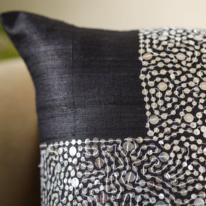 Black - Aari Embroidery Sequin Work Ghicha Silk Cushion Cover (16 x 16 in)