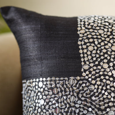 Black - Aari Embroidery Sequin Work Ghicha Silk Cushion Cover (16 x 16 in)