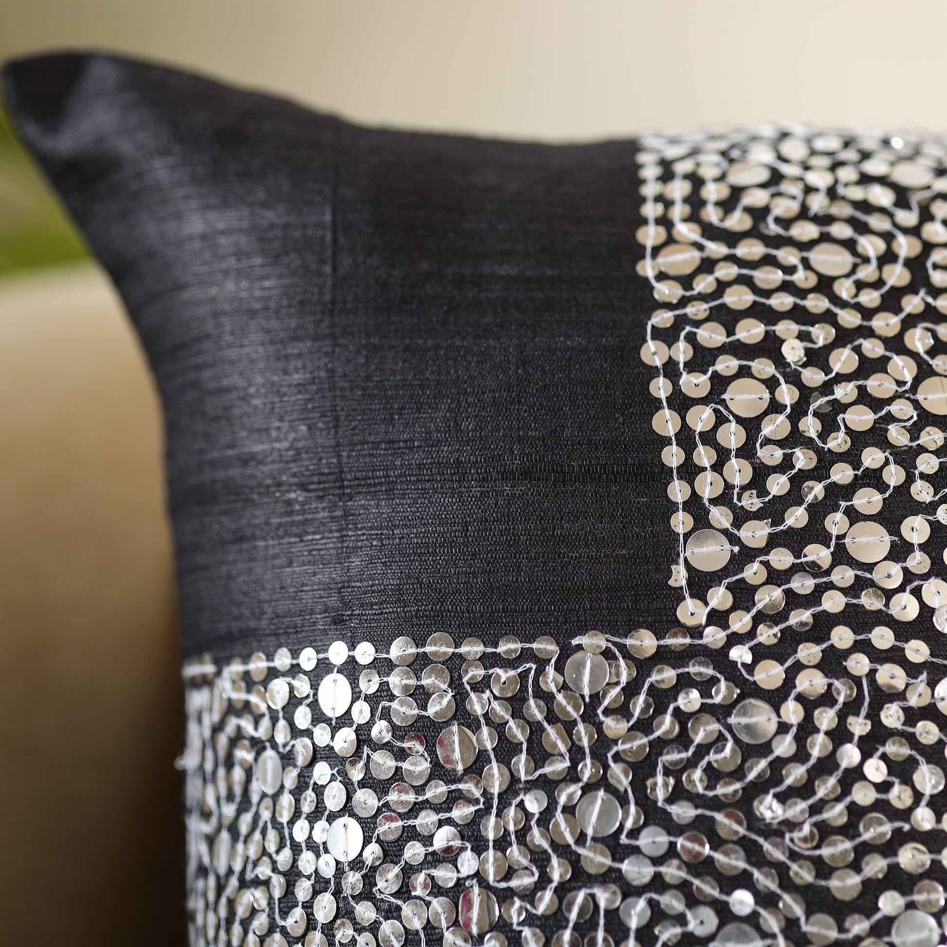 Black - Aari Embroidery Sequin Work Ghicha Silk Cushion Cover (16 x 16 in)