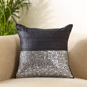 Black - Aari Embroidery Sequin Work Ghicha Silk Cushion Cover (16 x 16 in)