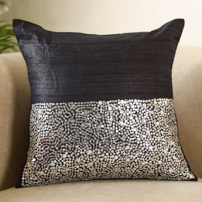 Black - Aari Embroidery Sequin Work Ghicha Silk Cushion Cover (16 x 16 in)