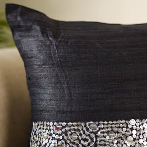 Black - Aari Embroidery Sequin Work Ghicha Silk Cushion Cover (16 x 16 in)