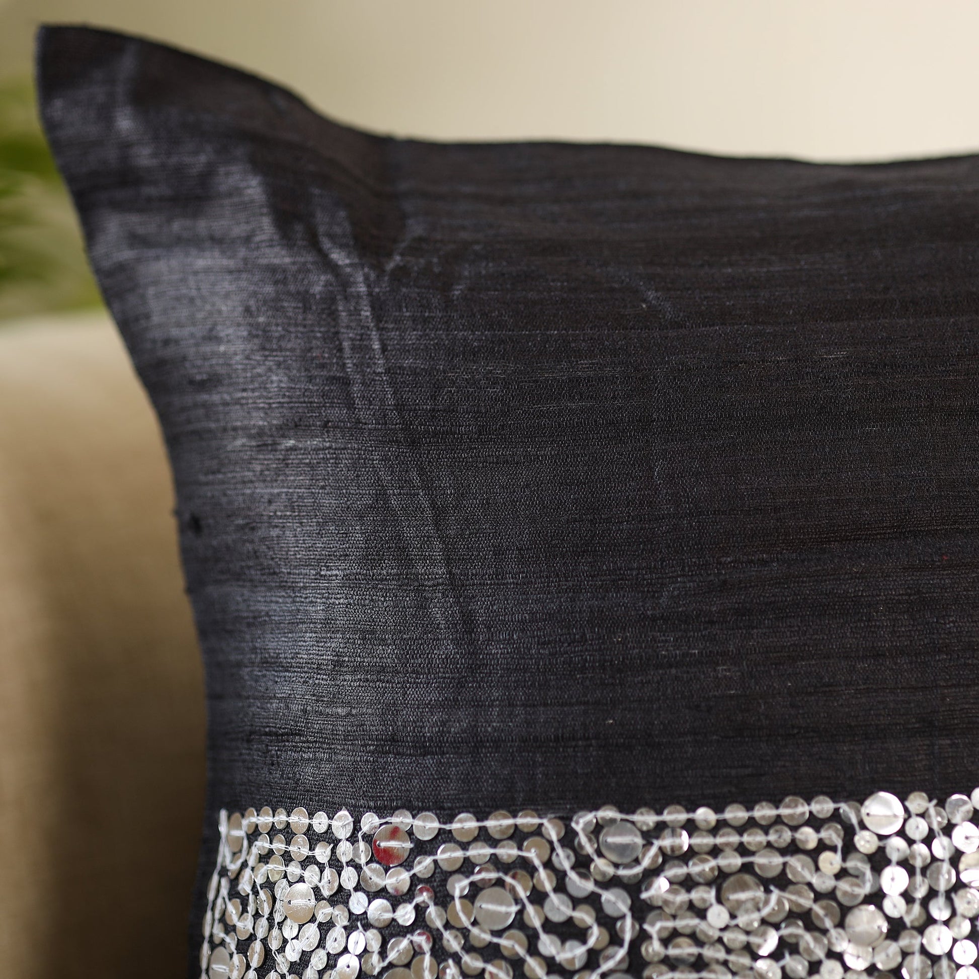 Black - Aari Embroidery Sequin Work Ghicha Silk Cushion Cover (16 x 16 in)