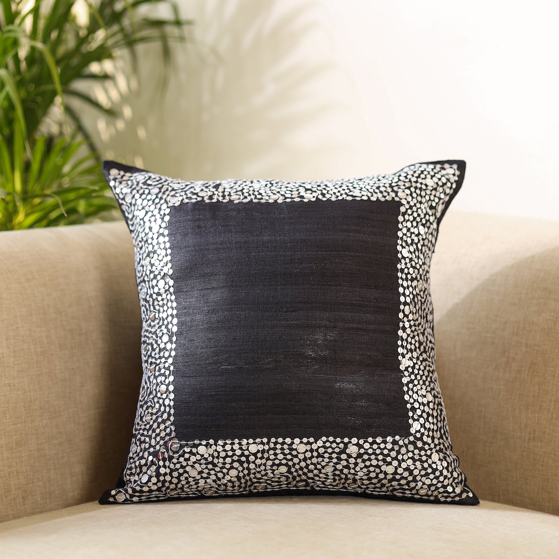 Black - Aari Embroidery Sequin Work Ghicha Silk Cushion Cover (16 x 16 in)