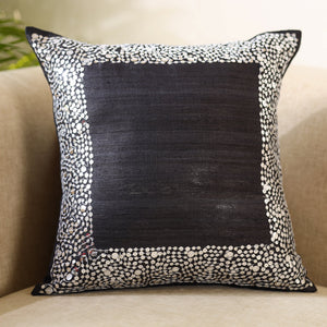 Black - Aari Embroidery Sequin Work Ghicha Silk Cushion Cover (16 x 16 in)