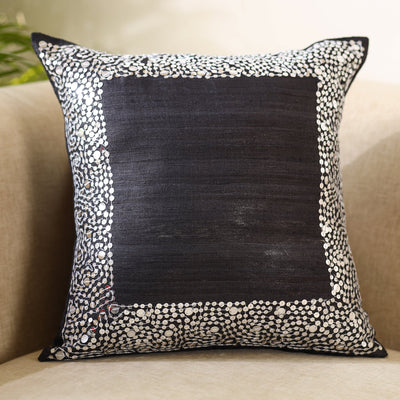 Black - Aari Embroidery Sequin Work Ghicha Silk Cushion Cover (16 x 16 in)