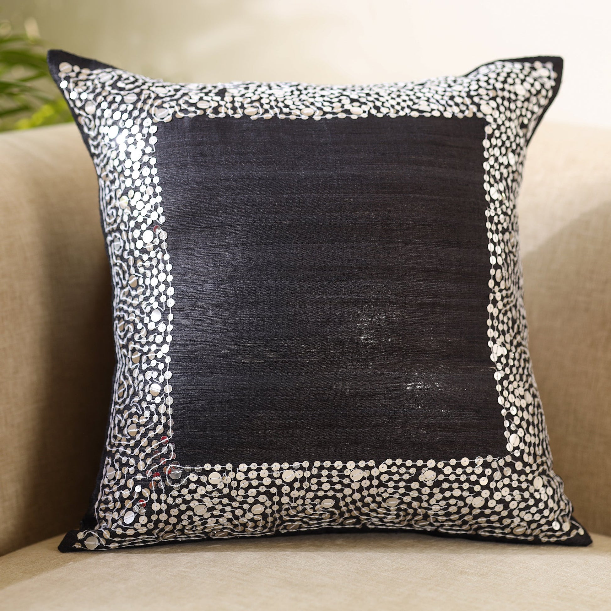 Black - Aari Embroidery Sequin Work Ghicha Silk Cushion Cover (16 x 16 in)