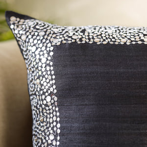 Black - Aari Embroidery Sequin Work Ghicha Silk Cushion Cover (16 x 16 in)