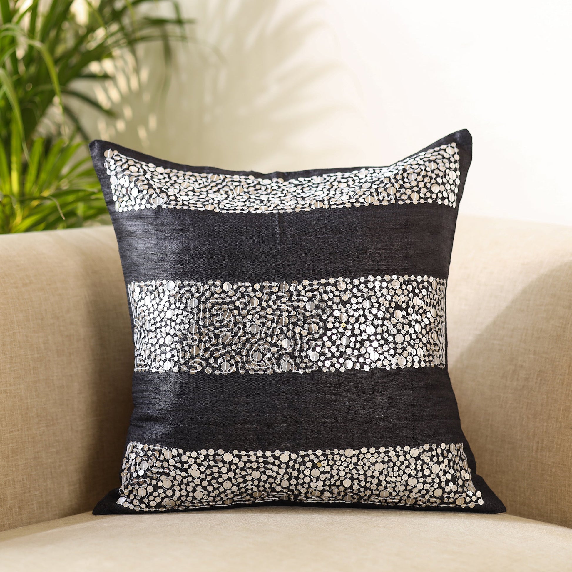 Black - Aari Embroidery Sequin Work Ghicha Silk Cushion Cover (16 x 16 in)