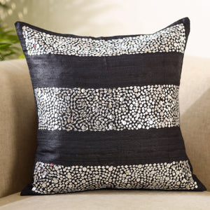 Black - Aari Embroidery Sequin Work Ghicha Silk Cushion Cover (16 x 16 in)