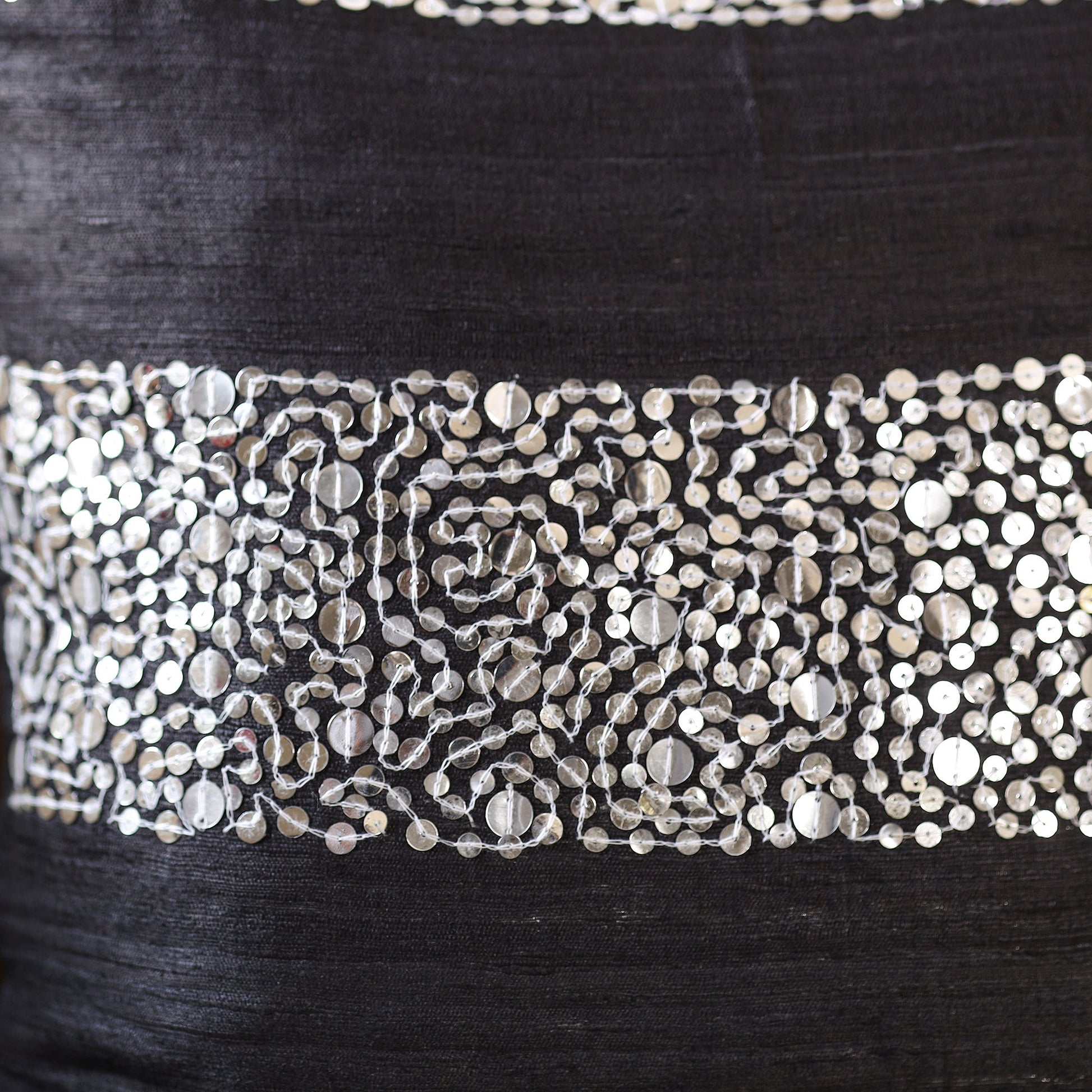 Black - Aari Embroidery Sequin Work Ghicha Silk Cushion Cover (16 x 16 in)