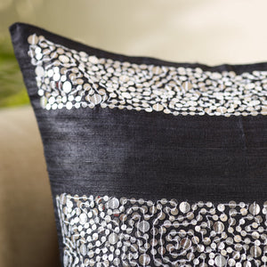 Black - Aari Embroidery Sequin Work Ghicha Silk Cushion Cover (16 x 16 in)