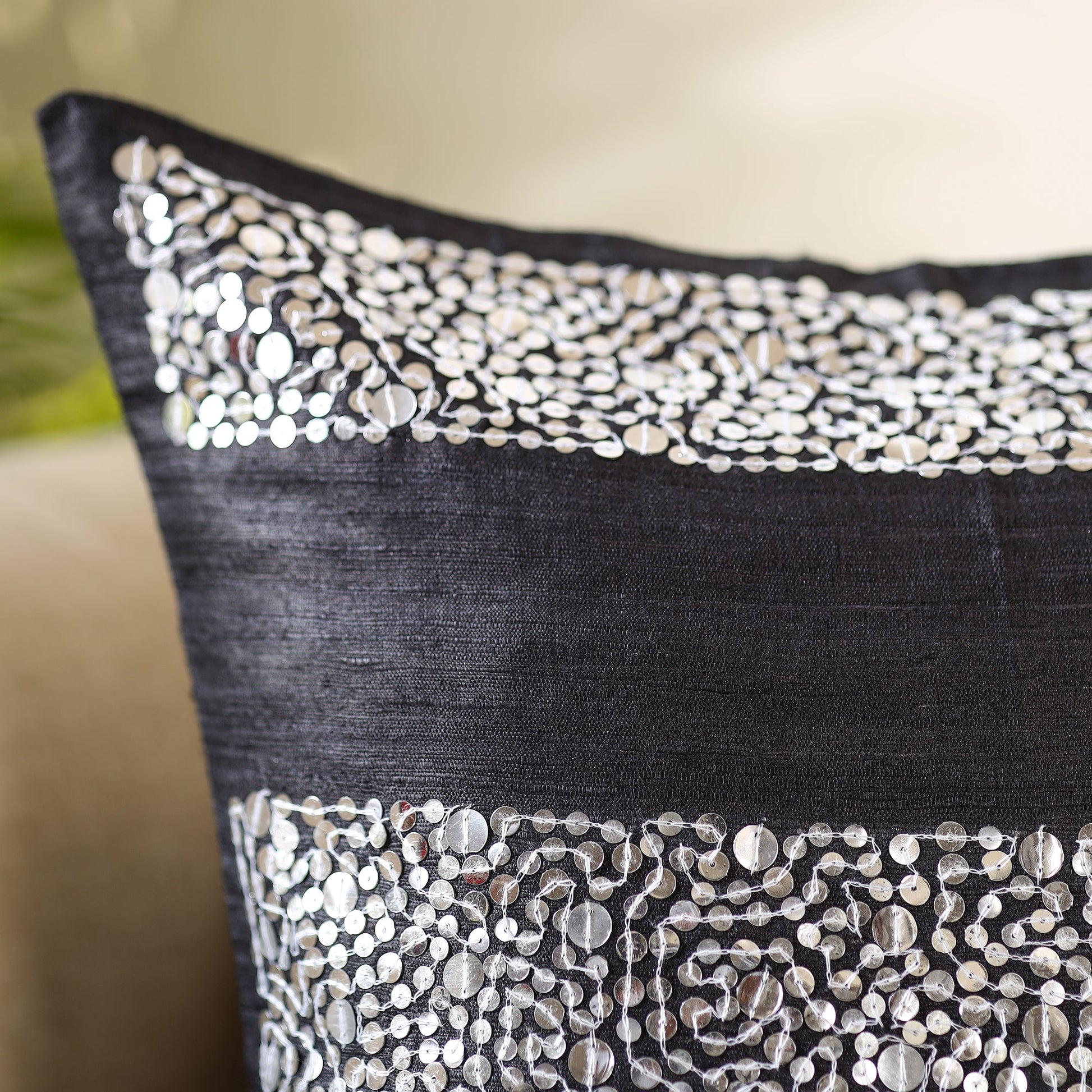Black - Aari Embroidery Sequin Work Ghicha Silk Cushion Cover (16 x 16 in)