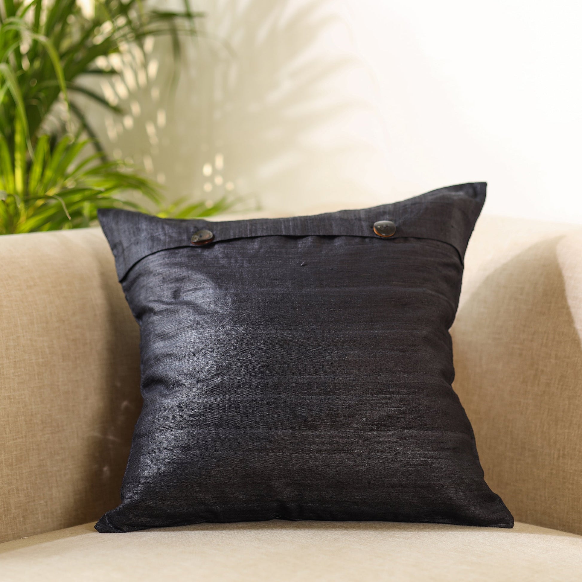 Black - Aari Embroidery Sequin Work Ghicha Silk Cushion Cover (16 x 16 in)