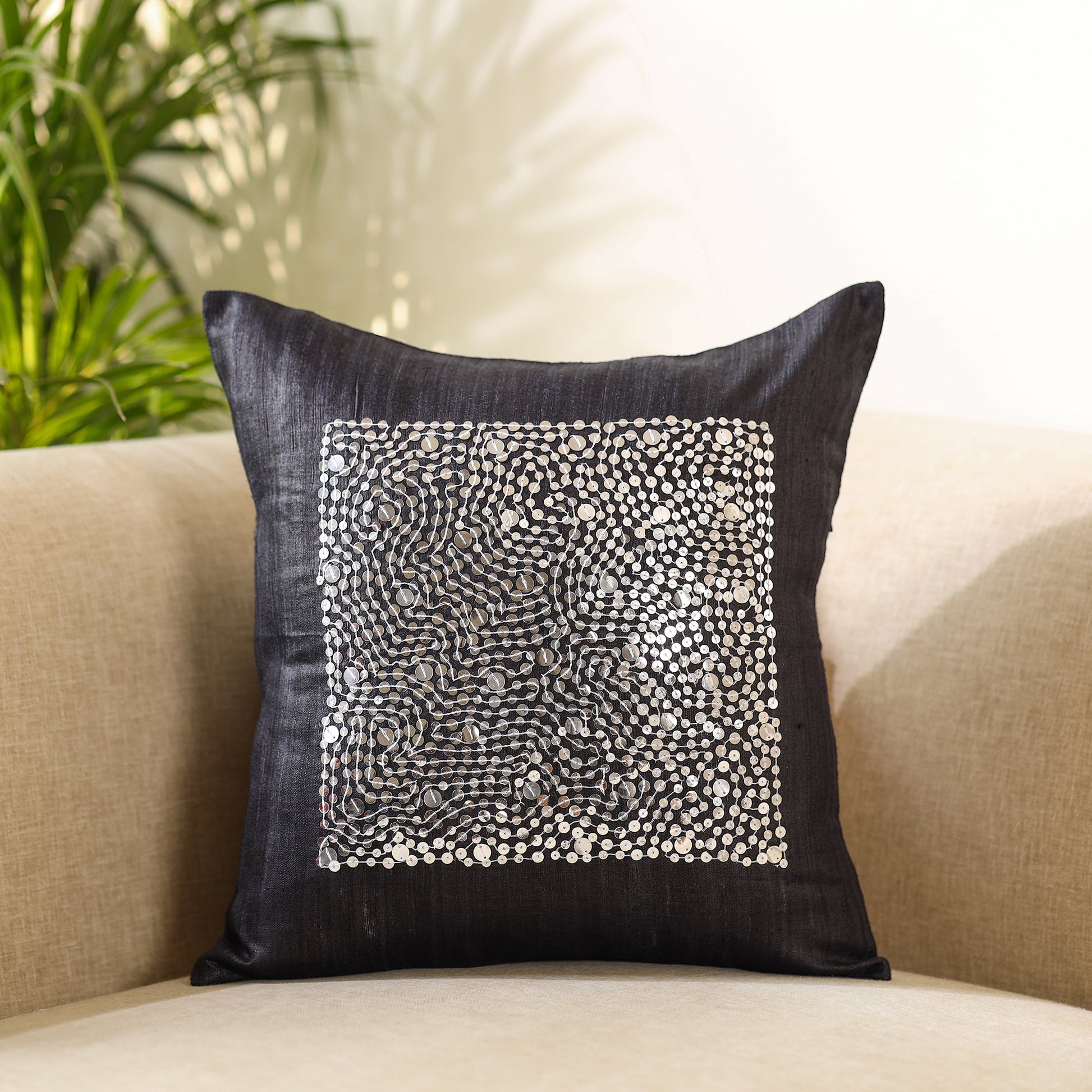 Black - Aari Embroidery Sequin Work Ghicha Silk Cushion Cover (16 x 16 in)