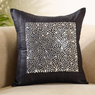 Black - Aari Embroidery Sequin Work Ghicha Silk Cushion Cover (16 x 16 in)
