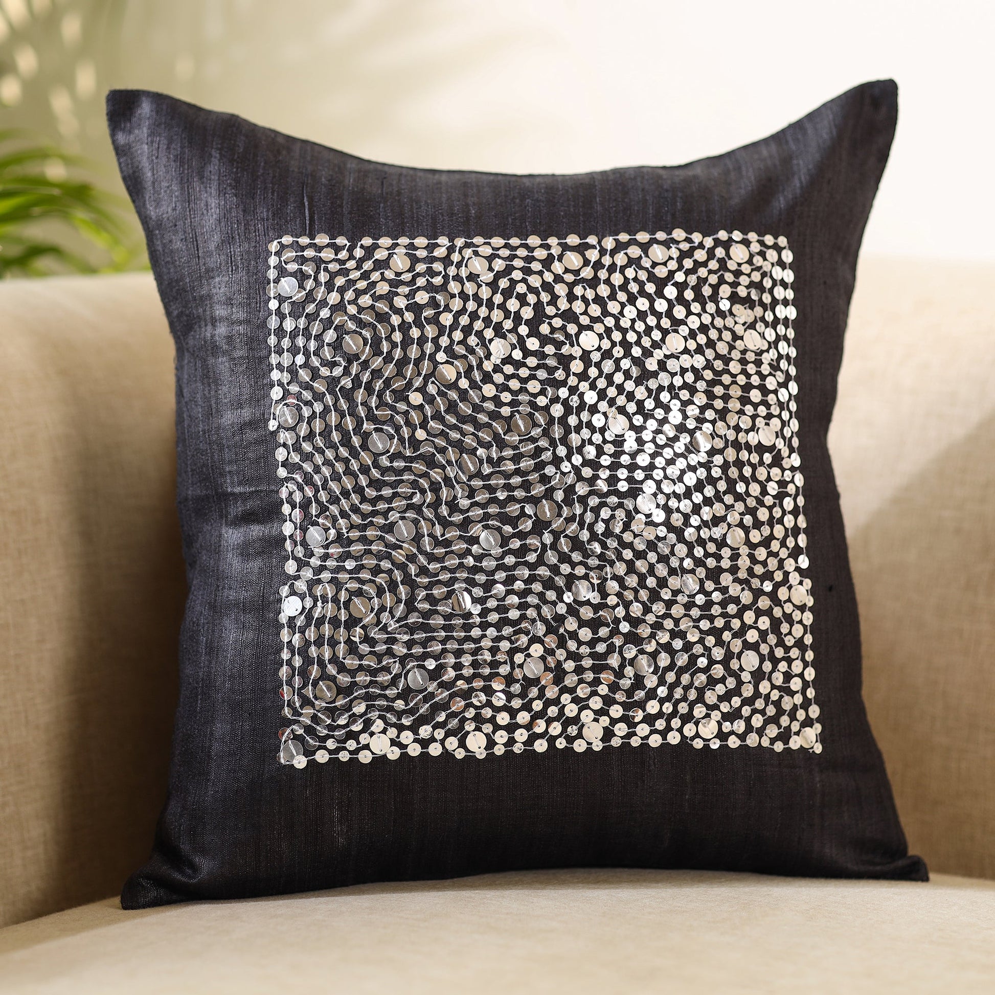 Black - Aari Embroidery Sequin Work Ghicha Silk Cushion Cover (16 x 16 in)