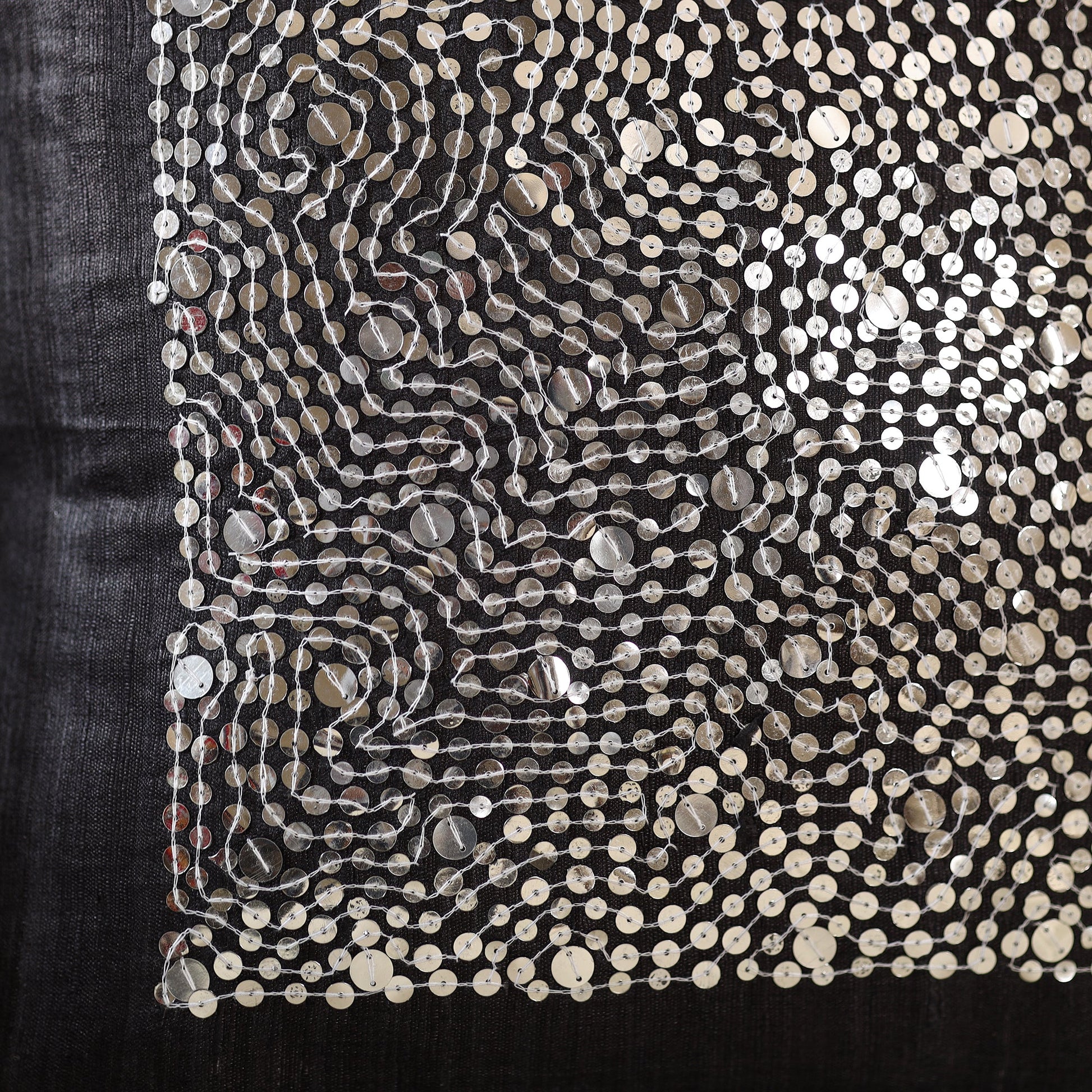 Black - Aari Embroidery Sequin Work Ghicha Silk Cushion Cover (16 x 16 in)