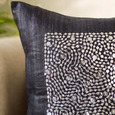 Black - Aari Embroidery Sequin Work Ghicha Silk Cushion Cover (16 x 16 in)