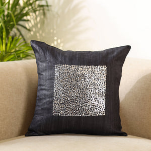 Black - Aari Embroidery Sequin Work Ghicha Silk Cushion Cover (16 x 16 in)