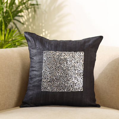 Black - Aari Embroidery Sequin Work Ghicha Silk Cushion Cover (16 x 16 in)