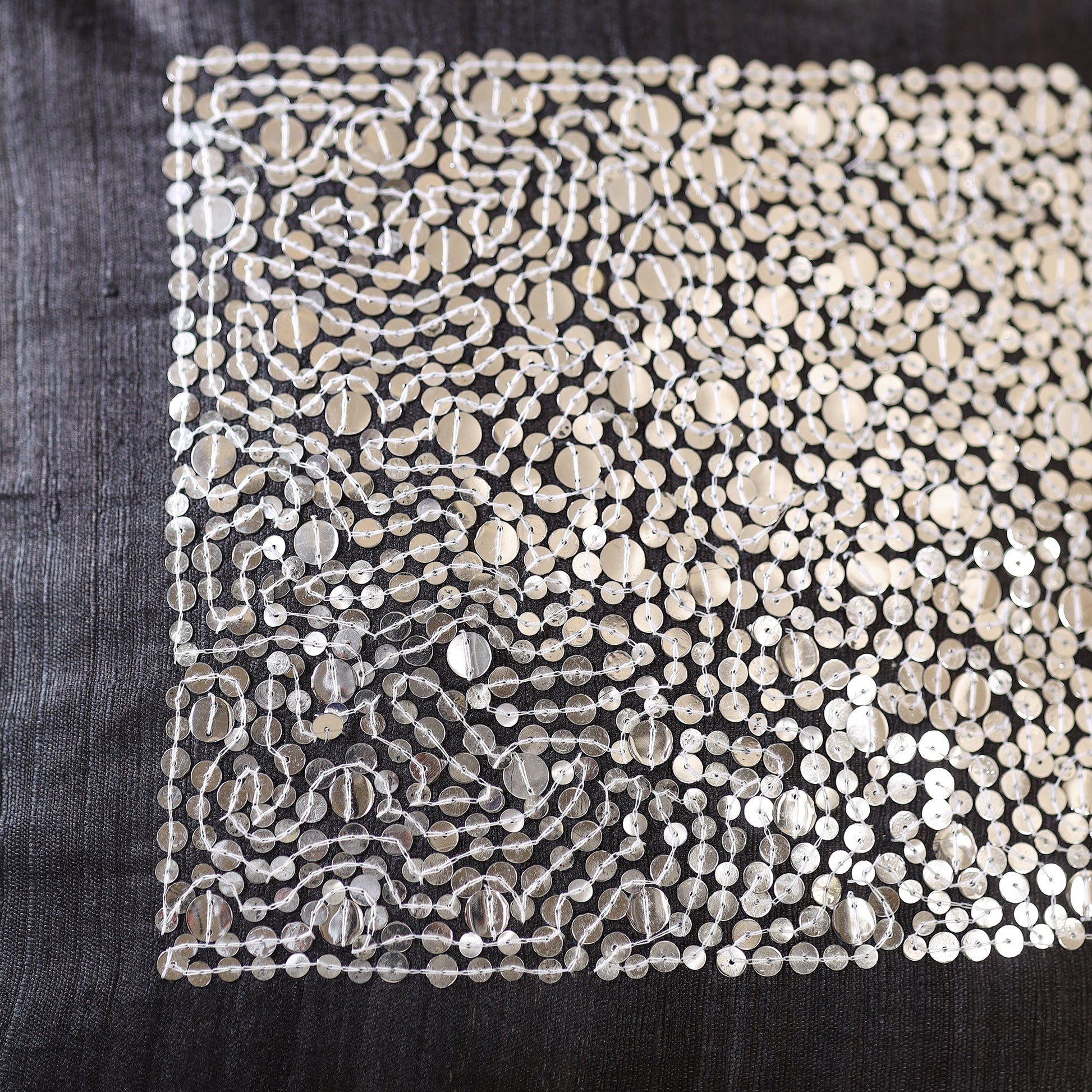 Black - Aari Embroidery Sequin Work Ghicha Silk Cushion Cover (16 x 16 in)