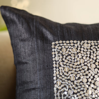Black - Aari Embroidery Sequin Work Ghicha Silk Cushion Cover (16 x 16 in)