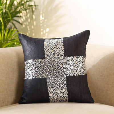 Black - Aari Embroidery Sequin Work Ghicha Silk Cushion Cover (16 x 16 in)