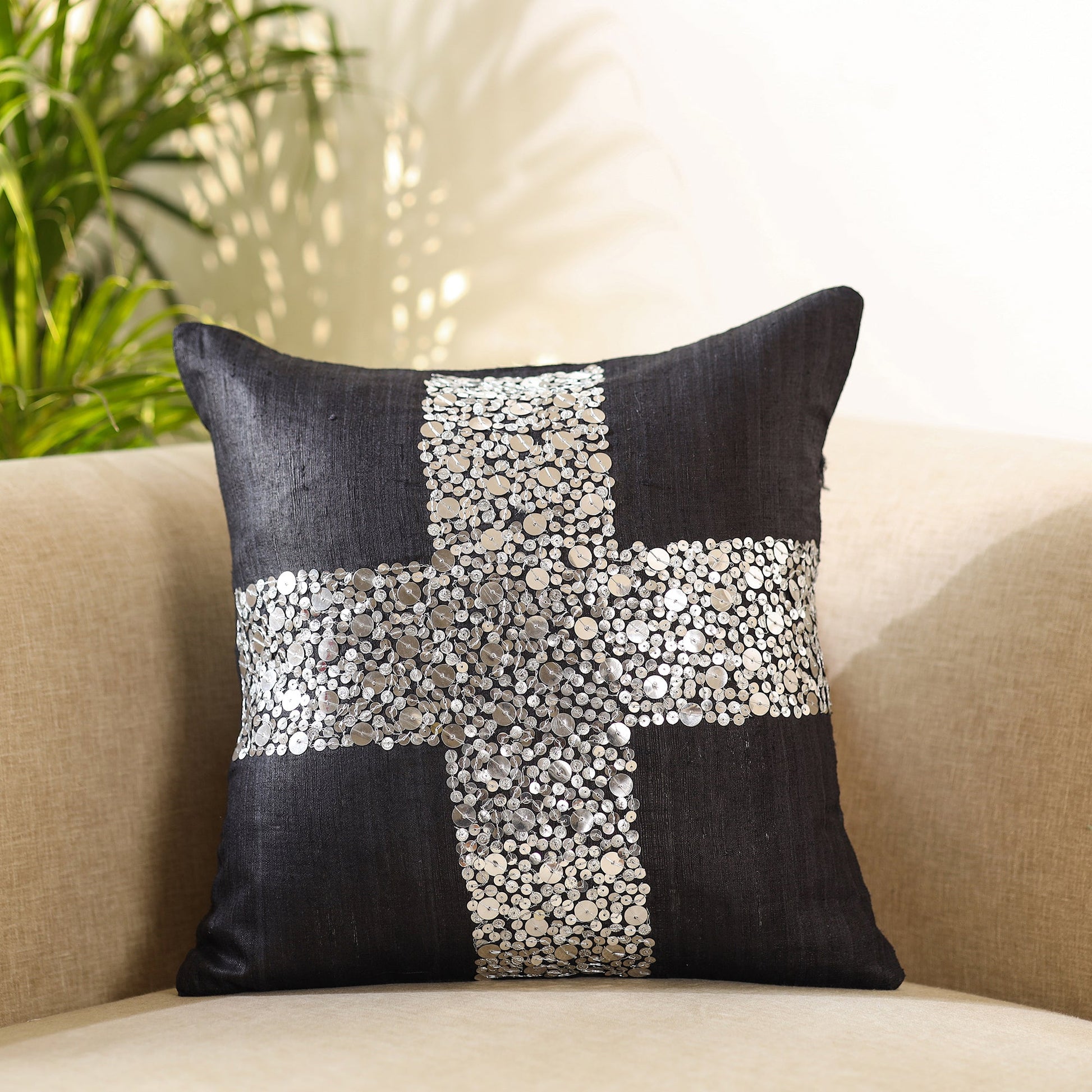Black - Aari Embroidery Sequin Work Ghicha Silk Cushion Cover (16 x 16 in)