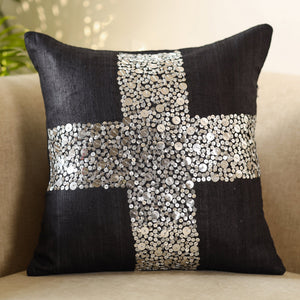 Black - Aari Embroidery Sequin Work Ghicha Silk Cushion Cover (16 x 16 in)