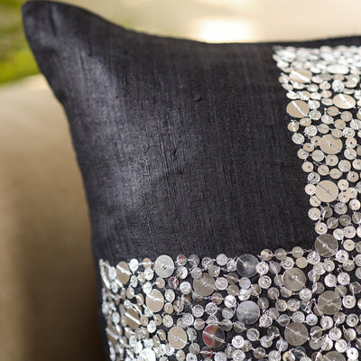 Black - Aari Embroidery Sequin Work Ghicha Silk Cushion Cover (16 x 16 in)