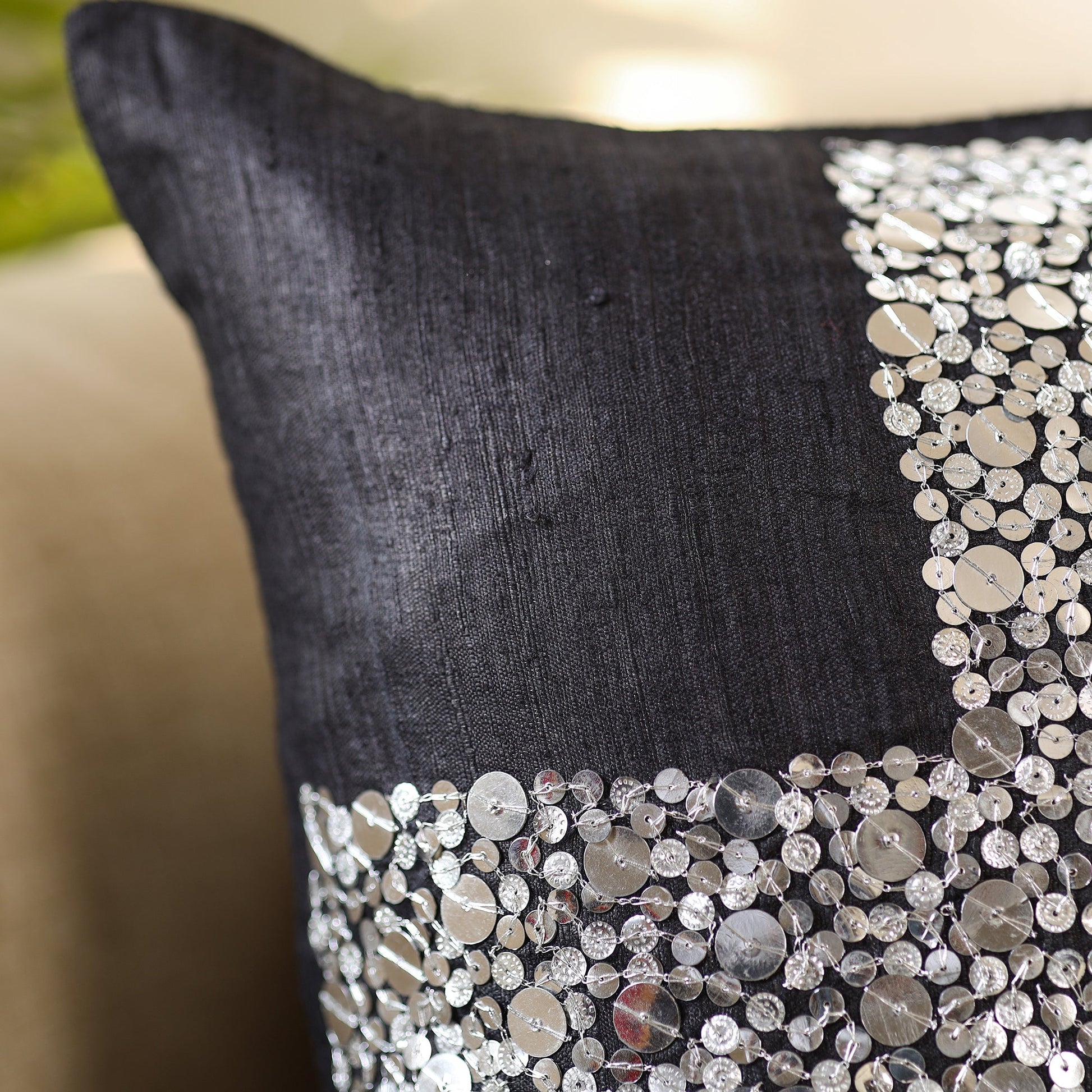 Black - Aari Embroidery Sequin Work Ghicha Silk Cushion Cover (16 x 16 in)