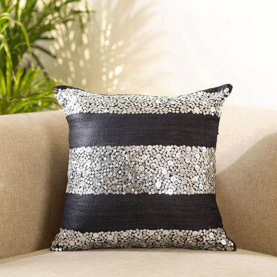 Black - Aari Embroidery Sequin Work Ghicha Silk Cushion Cover (16 x 16 in)