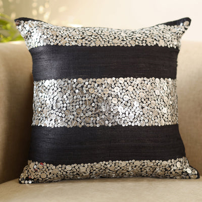 Black - Aari Embroidery Sequin Work Ghicha Silk Cushion Cover (16 x 16 in)