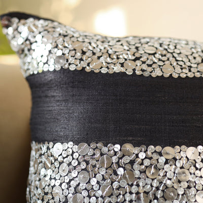 Black - Aari Embroidery Sequin Work Ghicha Silk Cushion Cover (16 x 16 in)