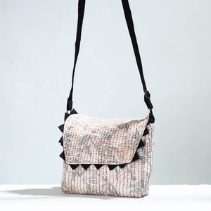 Beige - Jugaad Handmade Running Stitch Cotton Flap Sling Bag