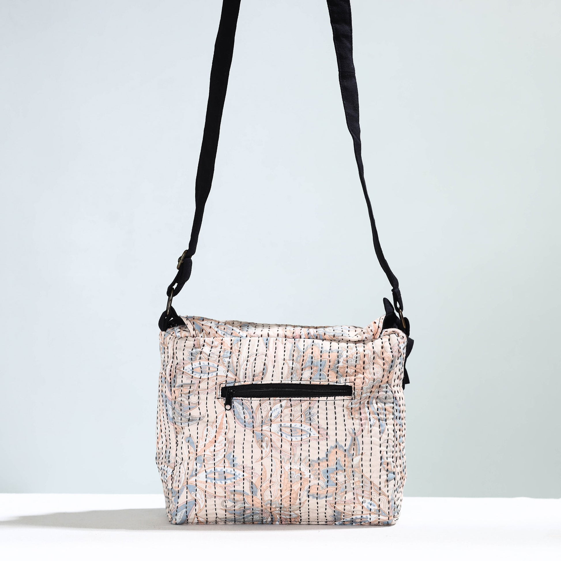 Beige - Jugaad Handmade Running Stitch Cotton Flap Sling Bag